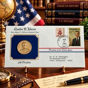 Lyndon B. Johnson 36th President Postal Commemorative Society Gold Medal Cover